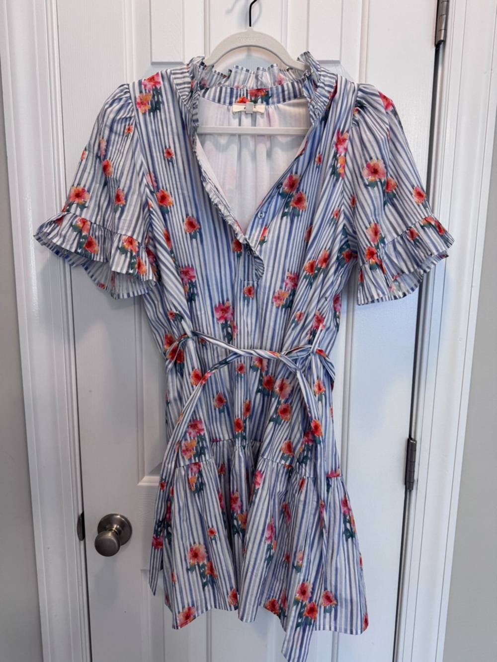 entro Blue and White Striped Floral Wrap Dress with Red Floral Accents